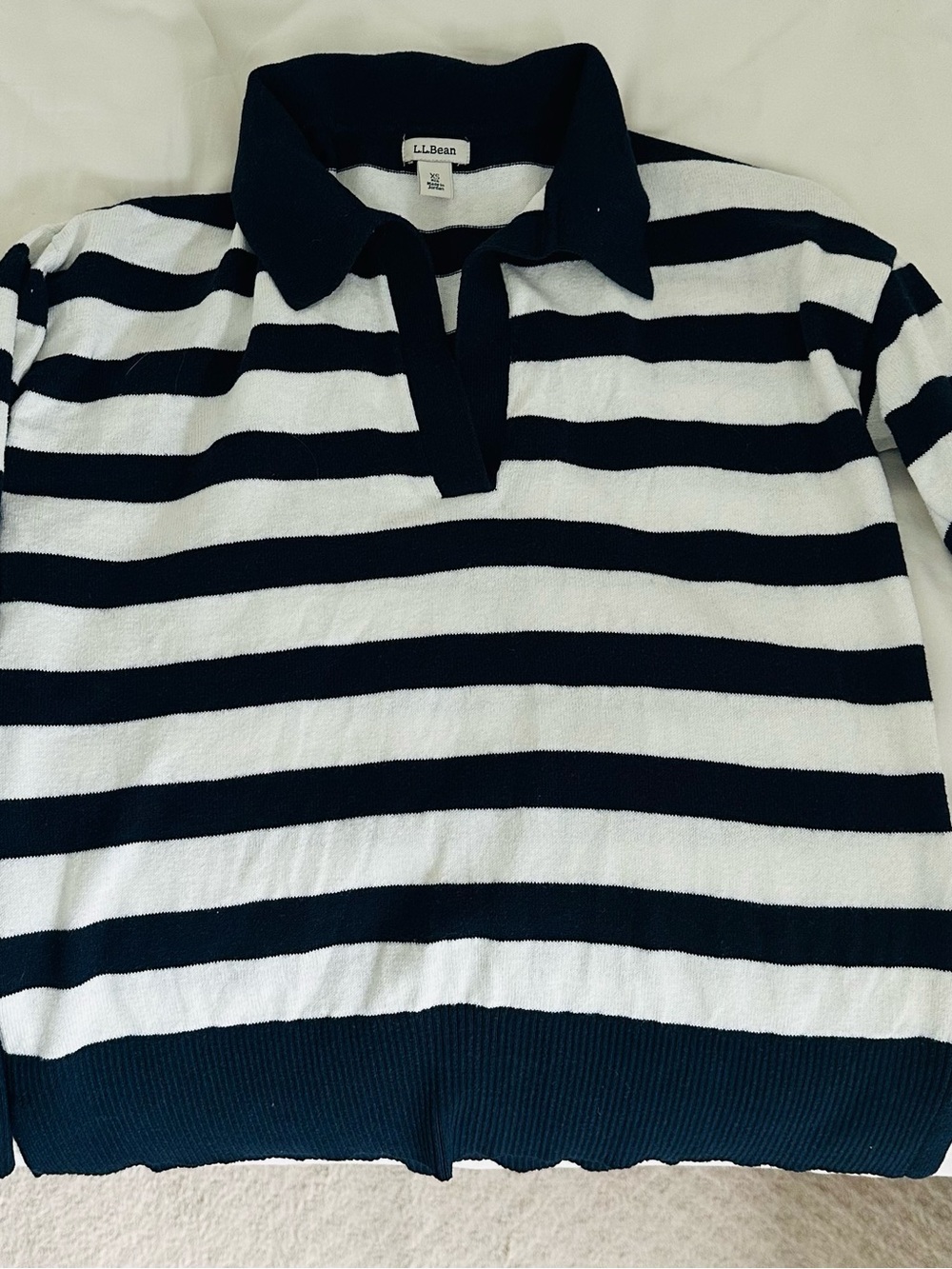 L.L.Bean Navy & White Striped Polo Sweater Top